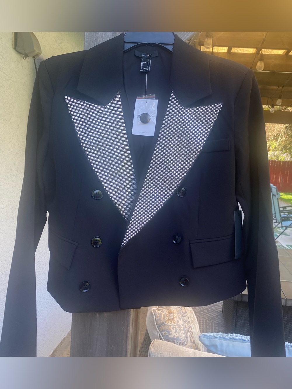 Forever 21 Black Double-Breasted Blazer with Rhinestone Lapels SZ S NWT